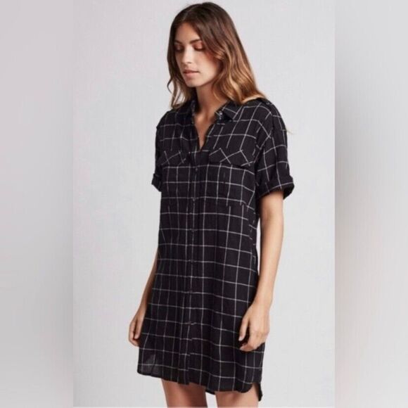 Current Elliott Black Workwear Windowpane Shirtdress‎ Short Casual Dress 1 Small - Picture 1 of 12
